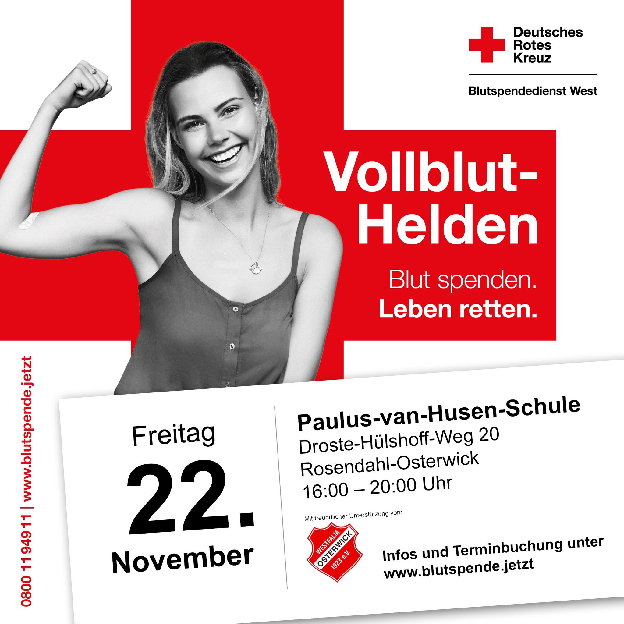 Am Freitag ist der nächste Blutspendetermin in Osterwick, diesmal in Kooperation mit Westfalia! Für jeden Spender erhalten wir 5€ für ein Projekt unserer Vereinsjugend. 