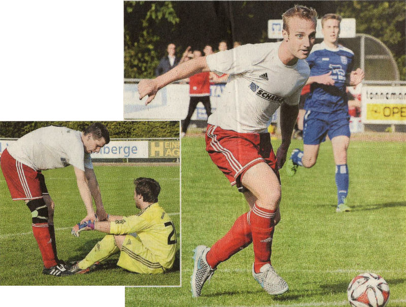 Die Tormaschine war von den Gästen aus Borken-Hoxfeld nie zu stoppen – dennoch reichte der eine Treffer von Niklas Segbers nicht zum Punktgewinn.  Immer wieder aufstehen: Jens Frieling (links) versucht, den unglücklichen Artjom Leis zu trösten Fotos: fw