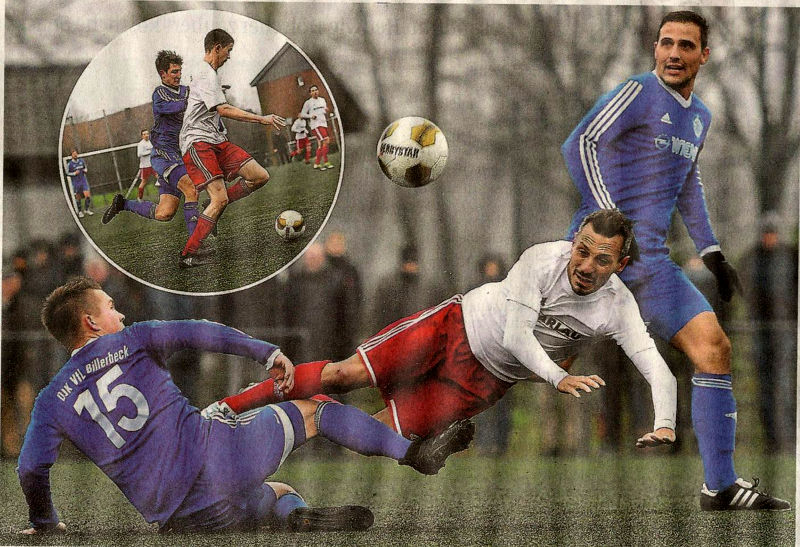 Der Flieger: Engin Yavuzaslan (MItte), der Spielertrainer aus Osterwick, wird von Calvin Majewski (links) und Philipp Daldrup (rechts) in die Zange genommen. Zur Sache geht es auch beim Zweikampf zwischen Hannes Grams (vorn, kleines Foto) und Niklas Kuhlage. - Fotos Ulrich Hörnemann