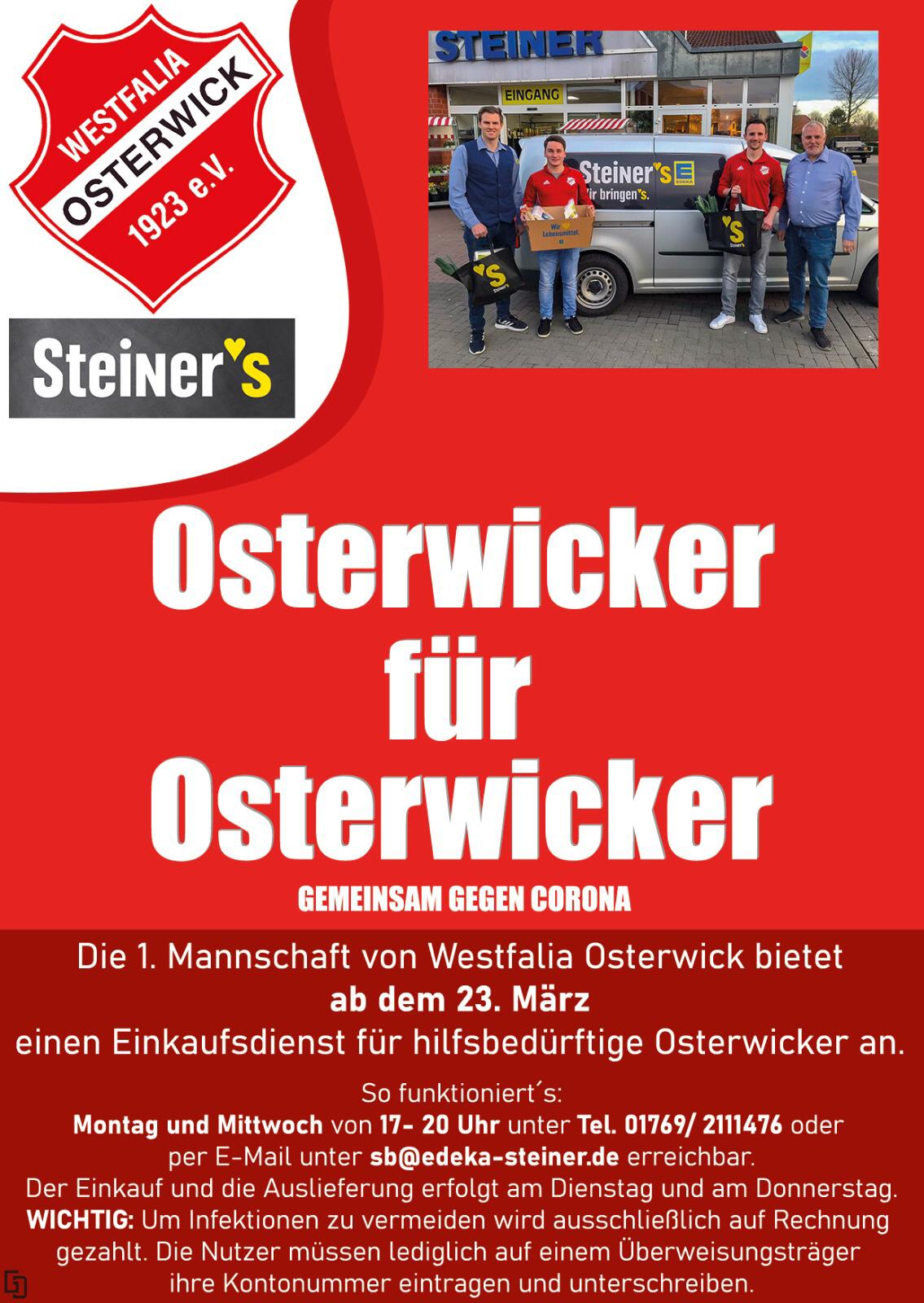 Die 1. Mannschaft von Westfalia Osterwick bietet ab dem 23. März einen Einkaufsdienst für hilfsbedürftige Osterwicker an.