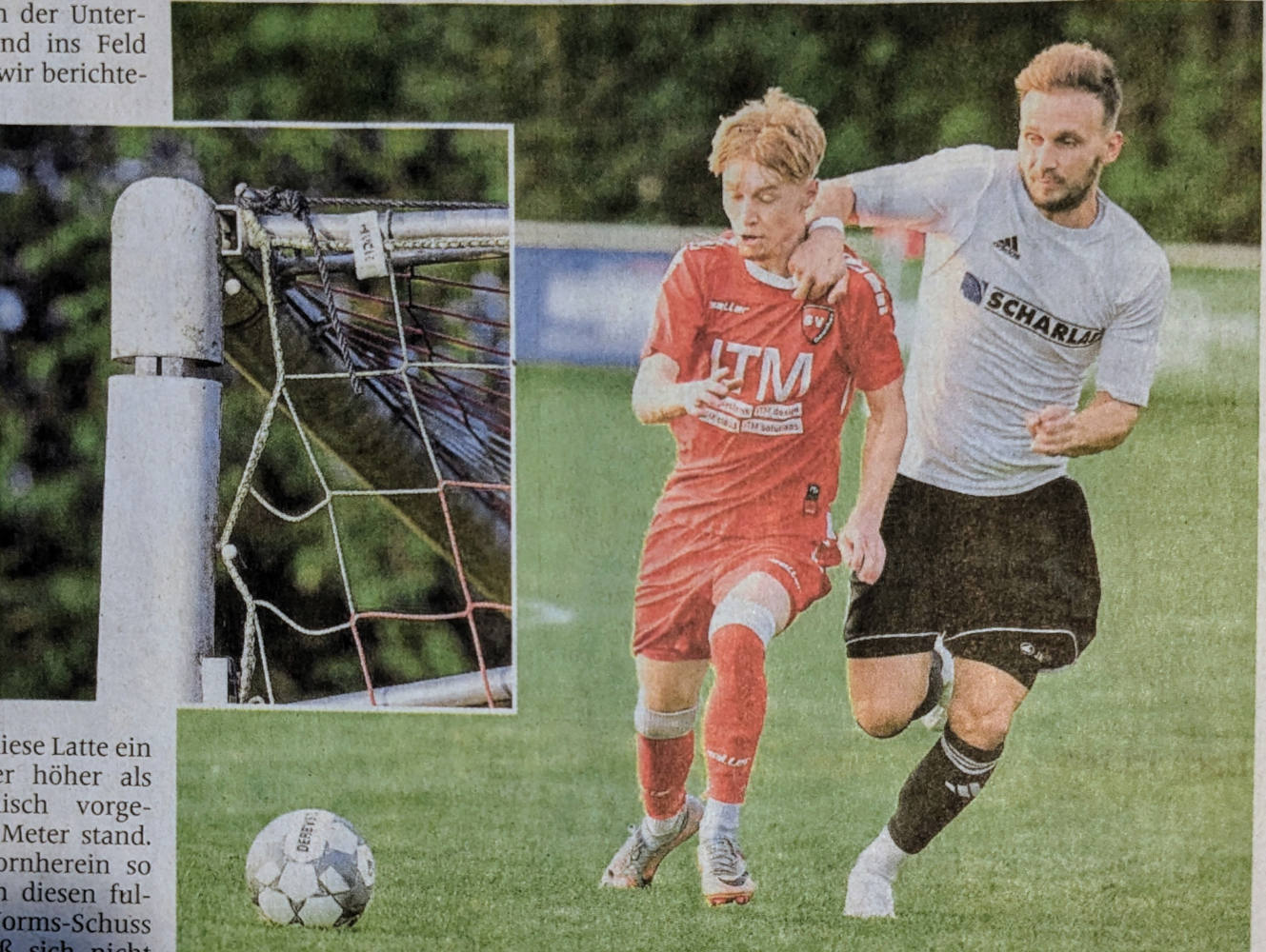 Unsanft ausgebremst: Kevin Lehmann (rechts) stoppt den SV-Torschützen Thorin Graßnick und holt sich dafür die Gelbe Karte ab. Damit ist die Gefahr zunächst gebannt für das Tor, das an diesem Abend ein paar Zentimeter gewachsen war (kleines Foto).    Fotos: fw